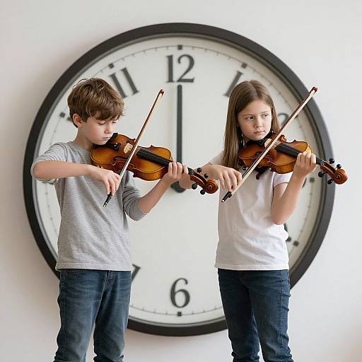 Photograph of two young children, a boy in a gray shirt and a girl in a white shirt, playing violins in front of a large clock