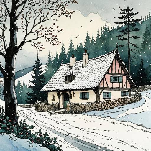 Snowy Medieval European Cottage Illustration