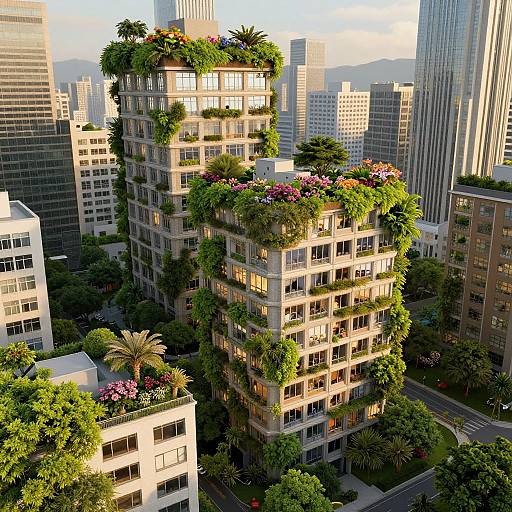 Photograph of a cityscape featuring a tall, modern apartment building covered in greenery and colorful flowers, surrounded by tall skyscrapers, palm trees