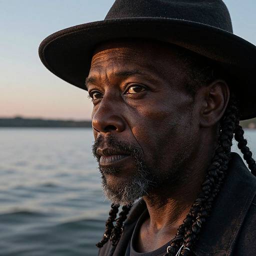 Contemplative African American Man by Lake