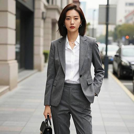 Woman in Gray Suit on Street