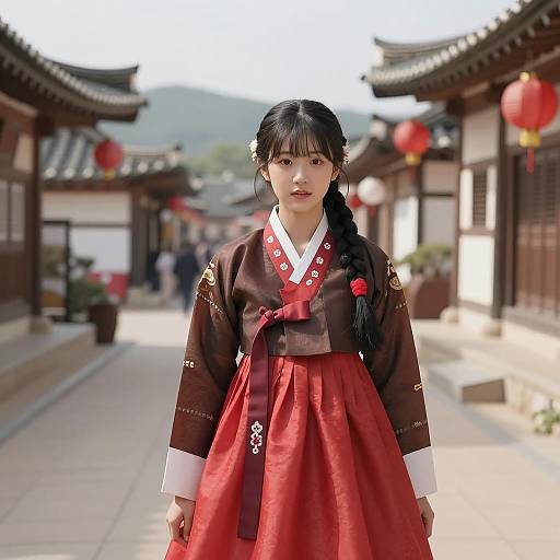 Young woman in traditional Korean hanbok on street