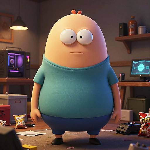 CGI image of a chubby, bald, blue-shirted character with wide eyes, standing in a cluttered, dimly lit room with electronics and
