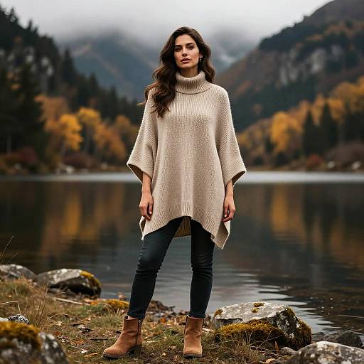 Photograph of a young woman with long brown hair, wearing a beige turtleneck knit sweater, dark jeans, and tan ankle boots, standing by