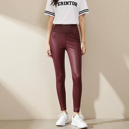 Woman in Burgundy Leather Leggings and White T-shirt