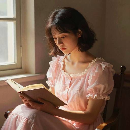 Photograph of a young Asian woman with short black hair, wearing a pink, off-shoulder dress, reading a book in sunlight by a window