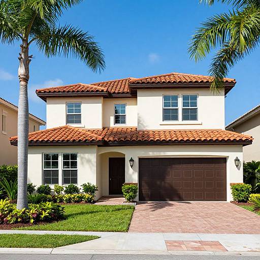 Photograph of a two-story, Spanish-style house with white walls, red clay roof tiles, brown garage door, palm trees, and a clear blue