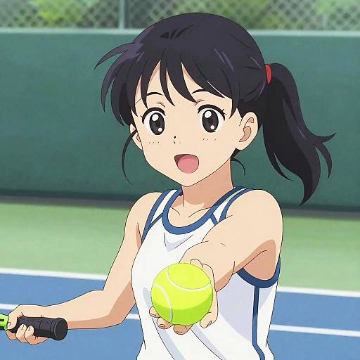 Anime-style drawing of a young girl with black hair in a ponytail, wearing a white tennis top, holding a yellow tennis ball and racket, on