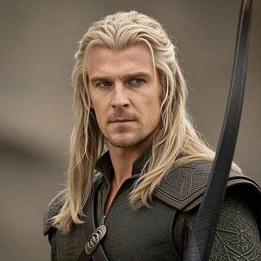 Photograph of a serious-looking, blonde-haired man with long hair, wearing dark, intricately patterned armor and holding a sword, with a blurred