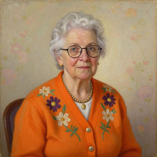 Photograph-style digital painting of an elderly white woman with curly white hair, black glasses, orange floral cardigan, gold necklace, and earrings, smiling