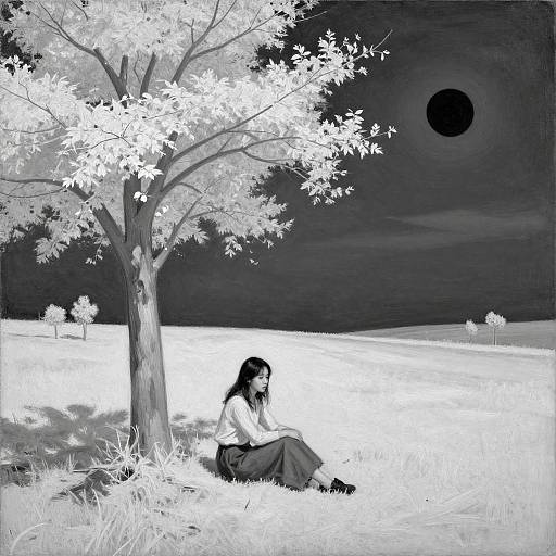Black-and-white digital drawing of a woman with long hair sitting under a tree at night, moon visible, grassy field, distant trees.