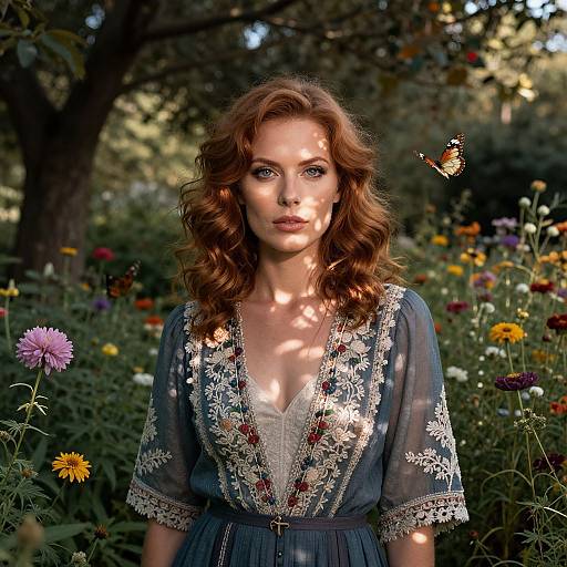 Photograph of a fair-skinned, red-haired woman with wavy hair, wearing an embroidered blue dress, standing in a sunlit garden, with