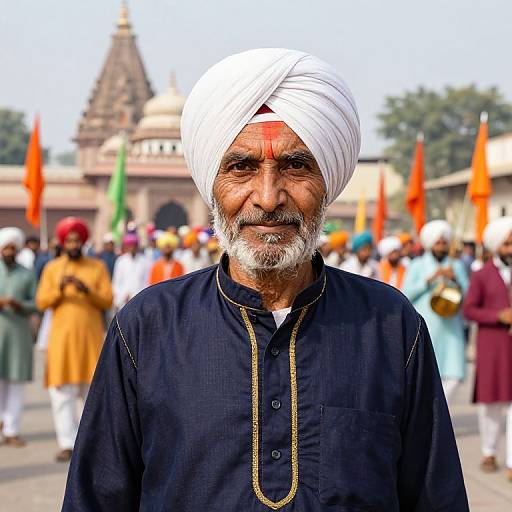Photograph of an elderly Indian man with a white turban, dark navy shirt, and gold necklace, standing in a colorful, bustling temple courtyard.