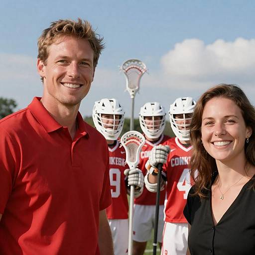 Cheerful Pair with Lacrosse Players Background