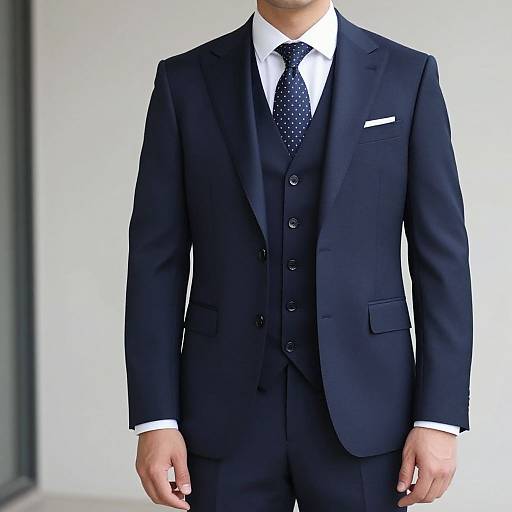 Photograph of a man in a black, three-piece suit with a white shirt and polka-dot tie, standing against a plain white background.