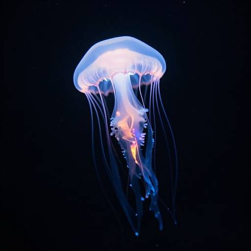 Photograph of a glowing, translucent jellyfish with blue and white hues, orange internal light, and trailing tentacles against a dark blue background.