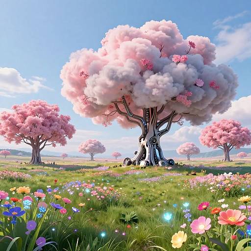 Digital artwork of a vibrant meadow with colorful flowers, glowing orbs, and large pink cherry blossom trees under a bright blue sky.