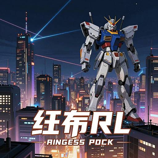 Digital art: Giant white and blue Gundam-style mecha with red accents stands in a neon-lit, futuristic city skyline, laser beams crossing the sky