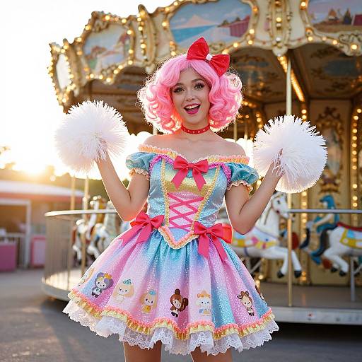 Photograph of a smiling young woman with pink curly wig, red bow, blue and pink costume, white pom-poms, in front of a brightly