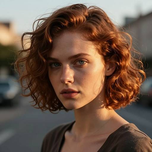 Photograph of a young woman with wavy, shoulder-length red hair, pale skin, and intense blue eyes, wearing a dark top, against a