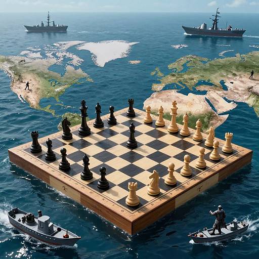 Digital artwork: Floating chessboard with black and white pieces on ocean, surrounded by ships, map of world in background.