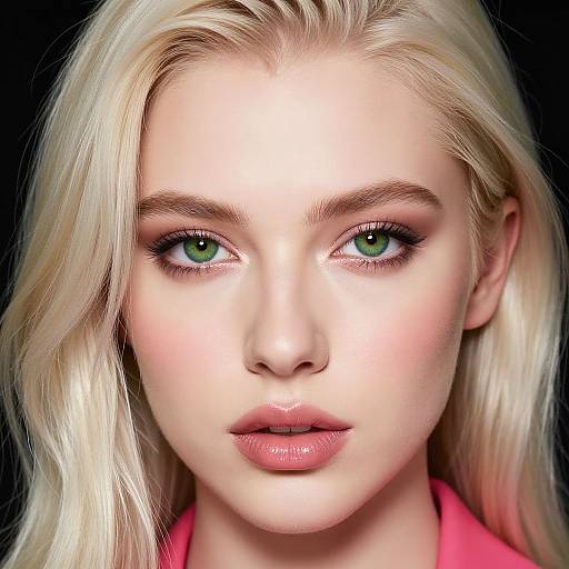 Photorealistic digital portrait of a blonde woman with green eyes, fair skin, glossy pink lips, and a pink top, set against a dark background