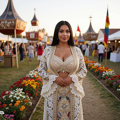 Photograph of a curvy woman with long black hair, wearing an ornate, cream lace dress with deep neckline, standing in a colorful, flower