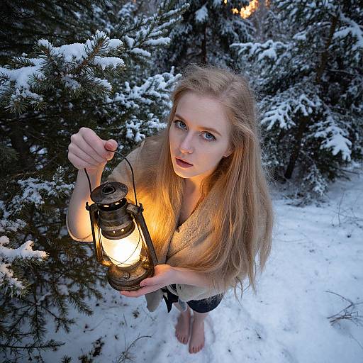 Photograph: Blonde woman with fair skin, wearing a cream blouse, holding a glowing lantern, standing in a snow-covered forest of snow-laden pine
