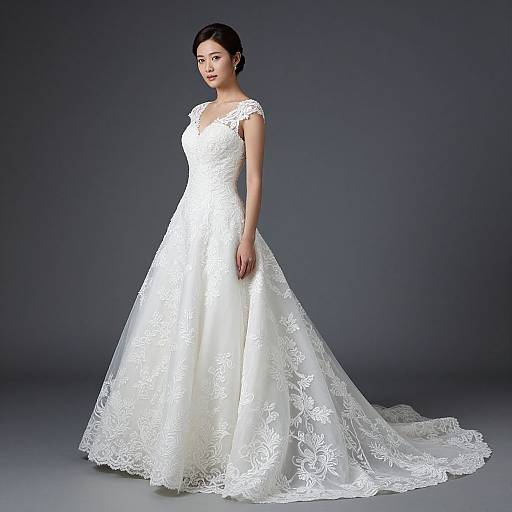Photograph of an East Asian woman in a white, lace-embellished, sleeveless wedding gown with a long train, standing against a dark