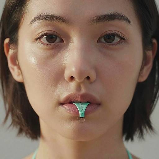 Close-up photograph of a young Asian woman with short black hair, fair skin, and brown eyes, wearing a turquoise toothbrush in her mouth.