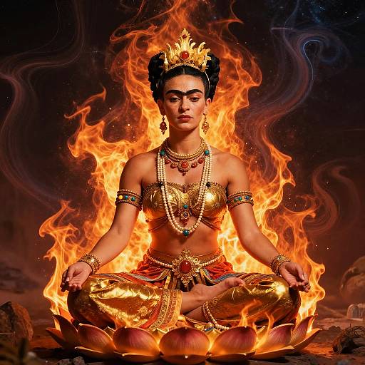 Photorealistic digital art of a serene Indian goddess with dark skin, adorned in gold and red jewelry, sitting cross-legged in fiery lotus, surrounded