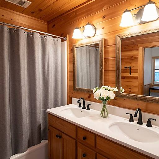 Photograph of a rustic wooden bathroom with a gray shower curtain, double sink vanity, black fixtures, white flowers, and two mirrors. Warm lighting highlights
