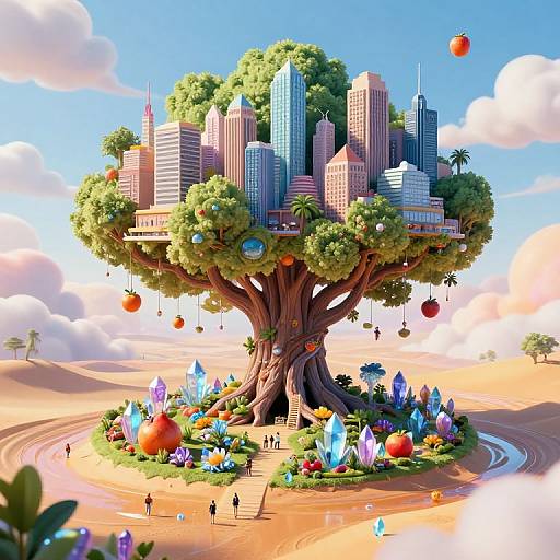Digital artwork of a fantastical tree in a desert, adorned with skyscrapers, colorful crystals, and hanging oranges, with small figures below. Bright