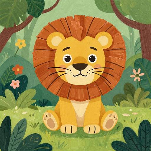 Cartoon-style illustration of a cute, yellow lion with a large, red mane sitting in a lush, green forest with flowers and trees.