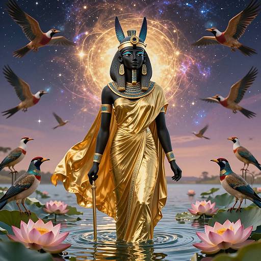 Digital artwork of a black Anubis figure with golden robe, Egyptian headpiece, surrounded by birds, lotus flowers, and a celestial backdrop.