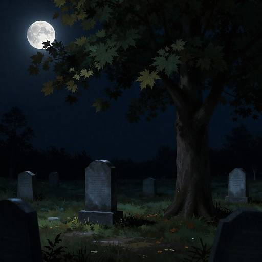 Moonlit Graveyard Under Maple Tree