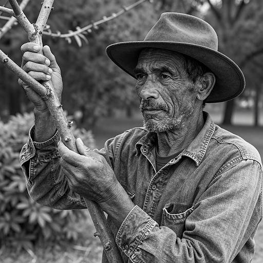 Middle-aged Farmer Holding Tree Branch
