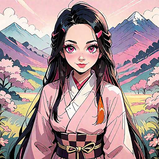 Anime Girl in Traditional Kimono by Mountains