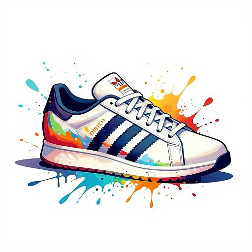 Vibrant, stylized drawing of a white Adidas sneaker with black stripes, colorful splashes, and bold lines on a white background.