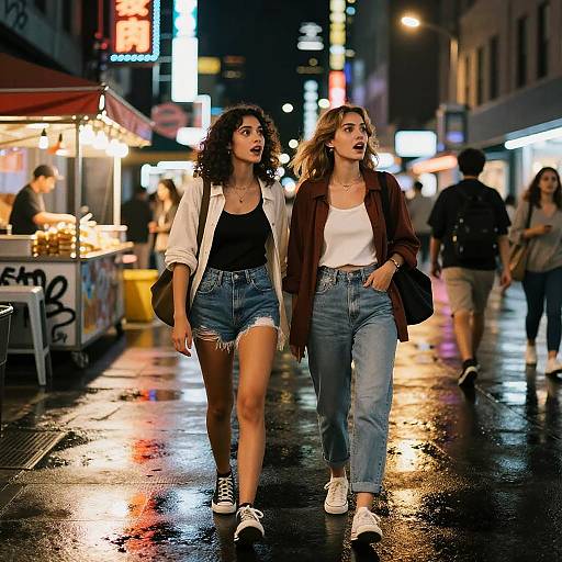 Photograph of two young women walking on a wet, neon-lit city street at night, wearing casual summer outfits and sneakers.