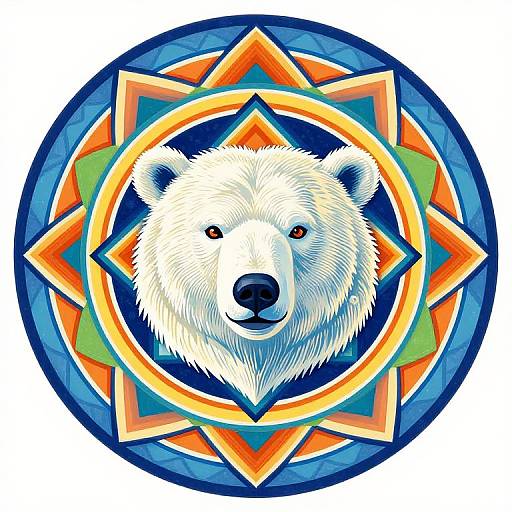 Digital art of a white polar bear's head centered within a vibrant, geometric, circular frame with orange, blue, and green patterns.
