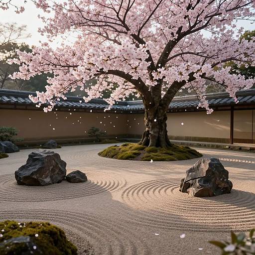 Photograph of a serene Japanese Zen garden featuring raked sand, three rocks, and a cherry blossom tree with pink flowers.