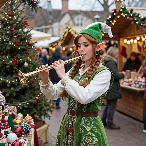 Photograph of a young woman with long brown braids, elf costume, green hat, and white shirt, playing a golden trumpet at a festive Christmas
