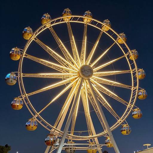 Photograph of a brightly lit Ferris wheel at night, with yellow gondolas glowing against a deep blue sky.