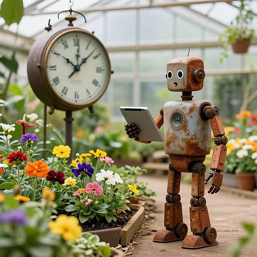 Rustic Robot in Verdant Greenhouse