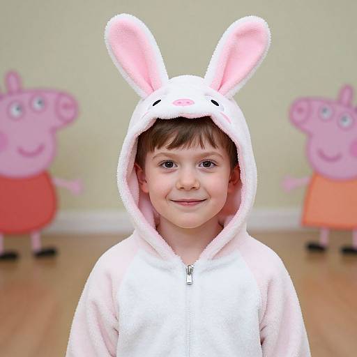 Young boy with fair skin, brown hair, wearing a white bunny hooded onesie, smiling in a room with pink cartoon pig wall decals.