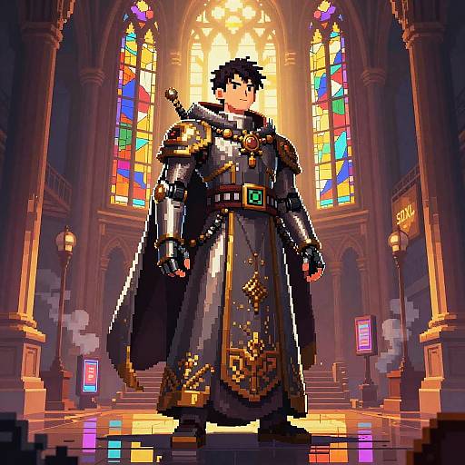 Pixel Art Robotic Priest in Cathedral