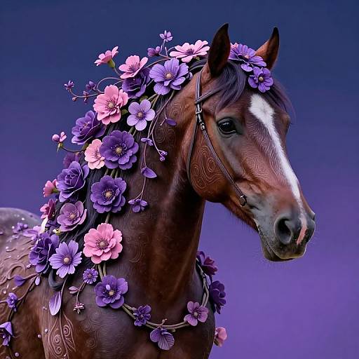 Photorealistic digital art of a brown horse with a white stripe, wearing a purple and pink flower crown, against a gradient purple background.