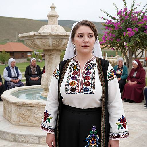 Photograph of a young woman in traditional white embroidered blouse and black vest, standing in front of a stone fountain, surrounded by elderly women in colorful traditional