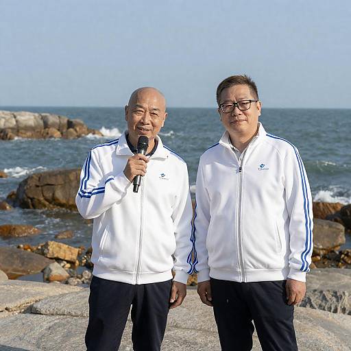 Two Men in White Jackets by Rocky Shoreline